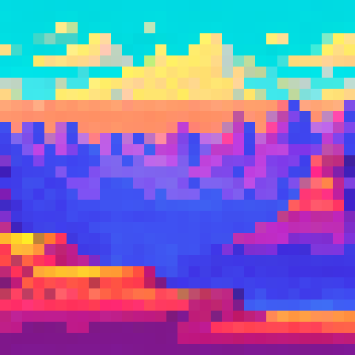 Pixel desert, towering cliffs, vibrant sunset colors, massive sun casting long shadows, distant planet visible in the sky, otherworldly landscape, pixel art style emphasizing sharp edges and limited color palette, 320 by 180 resolution, sRGB color space, background showcasing the vastness of the alien desert