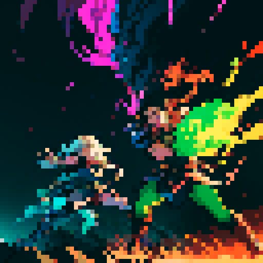 slime, pixelated, heroes, impact, dynamic poses, sRGB, energetic, splattering, motion lines, intense, confrontation, art style, slamming, dramatic lighting, action-packed, contrasting backgrounds