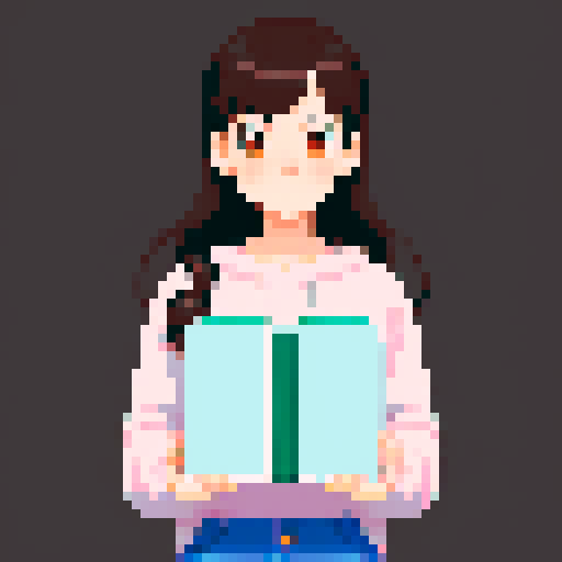 portrait, sprite art, young woman, dark eyes, dark hair, shy girl, awkward, cute, soft eyes, autistic, cozy, shy, bookworm, timid, stardew valley