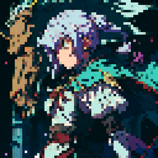 JRPG protagonist, young frail fighter, pixel art, sRGB, dimly lit ruins, tattered cape, glowing sword, haunted expression, swirling shadows, vibrant hair, weathered armor, crumbling buildings, mystical creatures, ethereal atmosphere