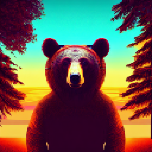 a bear wearing headphones, jumping with its arms in the air, sunset and trees in the background, pixel art, dramatic --ar 9:16 --s 750