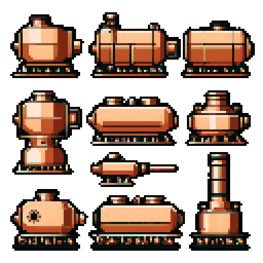 simple, geometrical copper pieces from a tank. Steampunk. It should be seen from the left side with no perspective, on a solid-color background. There should one be two or three pieces in each frame, it shouldn't be complete.