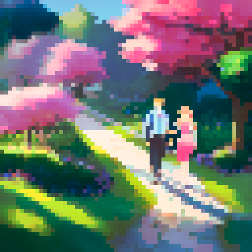 valentines day, couple, formal attire, holding hands, smiling, romantic park, landscape portrait
