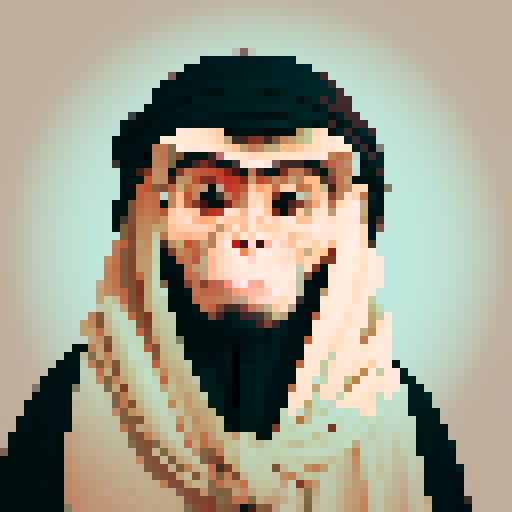 Saudi monkey bedouin, 32x32 pixel art, portrait close up, muted colors, simple patterns, simple eyes, bedouin clothing