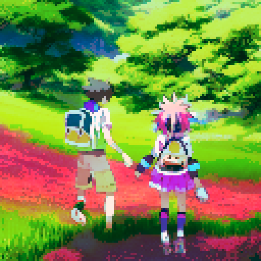 Boy with spiky hair and girl with pigtails, both wearing colorful outfits, dashing through a field of lush green grass with pink flowers, surrounded by a picturesque mountain landscape, all in vibrant anime style
