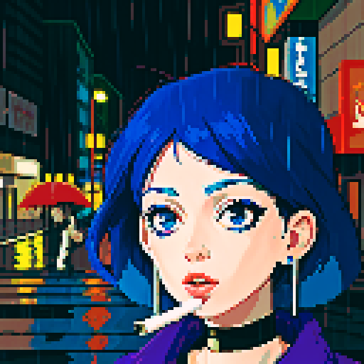 Blue haired 90s pop girl, smoking a cigarette, downtown, in the rain, gritty