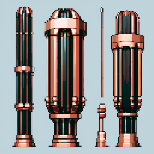 I want a tall vertical copper structure reminiscent of a organ pipe. It should have strange mechanical details that could interlock with each other. I also want this object usable an asset in a videogame, meaning only one object per image, outlined with a strong black stroke, on a solid-color background.