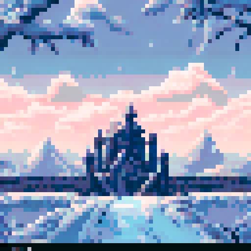 Silhouette of a vigilant figure, frozen wildlife, ringed city in the distance, sRGB pixel art, icy background, teeming landscape