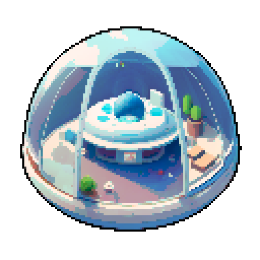Inside of a sphere spaceship shaped like a gachapon with a clear top half looking out to space. inside the middle of the room is a space sleeping pod with a glass top. cozy white space theme 