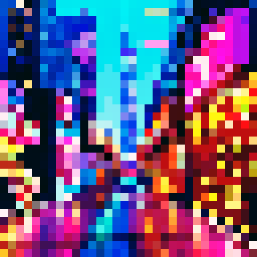 City lights glowing, towering skyscrapers, bustling streets filled with pixelated pedestrians, vibrant graffiti adorning walls, a neon-lit arcade with retro games, sRGB color palette creating a vibrant and lively atmosphere