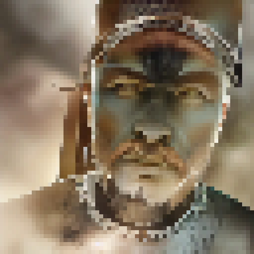 Spartan warrior holding a human skeleton while staring down a fierce lion, set against a rugged landscape with muted colors and a dramatic, portrait-style composition.