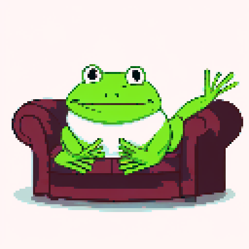 In the cozy ambiance of a dimly lit room, a small, jovial frog perches comfortably upon a plush couch chair, its diminutive size emphasized by the vastness of the furniture. The flickering flames of a nearby fireplace cast a warm glow, enveloping the space in a soft, golden light, creating an atmosphere of comfort and relaxation. With a mug clasped delicately between its tiny webbed fingers, the contented frog takes a sip of steaming coffee, its expression reflecting pure bliss.