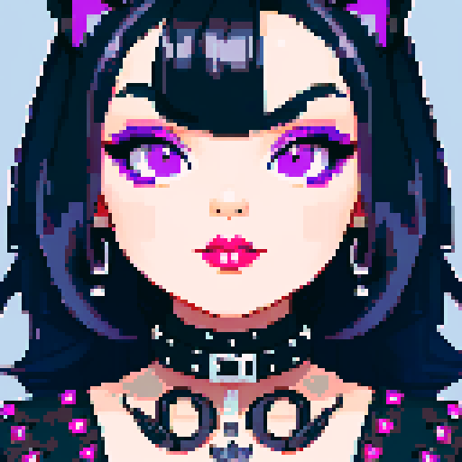 curvy, cute goth cat girl face, black hair, purple eyeshadow, red lipstick, studded leather, face portrait, glamour shot, vibrant sRGB colors, pixel art