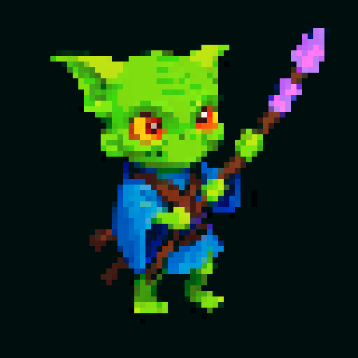 A mystical goblin with tribal markings, a staff, and a magical aura. It wears robes and has glowing eyes, with an air of wisdom and power. No background.
