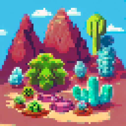 16 bit pixel art background of a desert landscape with a couple of cactus with a flat part for people to stand on in the foreground and desert mountains and rock structures in the background