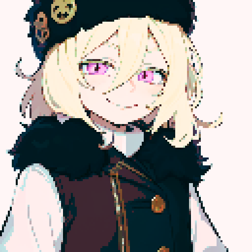 Solo male with perfect anatomy, straight-on, inframe, facing viewer, with round pupils, light blonde hair between eyes, wearing an ushanka hat with a black fur collar, a black vest, puffy sleeves, and black elbow gloves, his light pink eyes looking at the viewer, smile, in a pixel art style with sRGB colors, half closed eyes, best quality, stylised chibi,