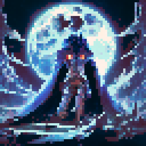 shows a vampire, cloaked in a deep midnight-blue robe, holding a delicate vineglass filled with blood. Their ghostly form seems to merge with the crimson light of a large, full blood moon in the background. The vampire's eyes glow with an intense, otherworldly emotion, and the scene is set against a sky swirling with faint clouds and starlight. The art blends sharp, minimalistic details with a dreamlike atmosphere, capturing the vampire's mysterious and ephemeral presence.