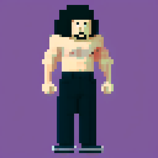 Buff white man, arms crossed, long black hair, purple eyes, shirtless, black baggy pants, fantasy, pixel art
