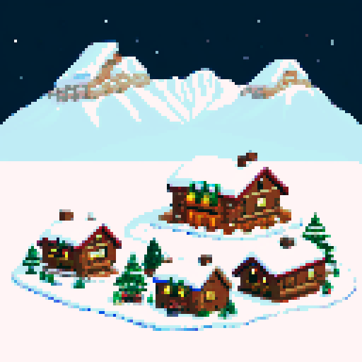 snowy mountain range ski town with a tiny lodge, igloo, campsite, cold, pixel art, sRGB, christmas themed