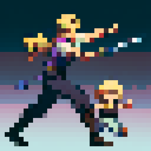 2D character with blond hair and a vest, sword in hand, sprite sheet depicting walking, running, and fighting animations, with a purple shirt, exposed chest, black hair, brown boots, and muscle growth, all in a pixel art style with sRGB colors