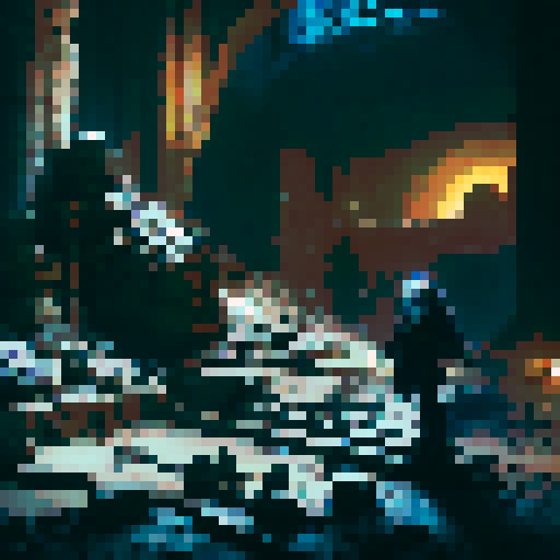 dead character lying in a dungeon, armor and bones, dark and eerie atmosphere, flickering torches, intricate engravings on the walls, mystical glowing crystals, cobwebs and dust, ancient ruins, ominous shadows, ethereal mist, haunting silence