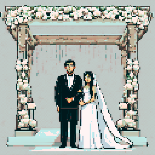 bride with fair skin, black hair, and tall stature, groom with ethnic features, both under white cloth chuppah, at a Jewish wedding, against a black background, in a flat color, pixel art style, emphasizing sRGB