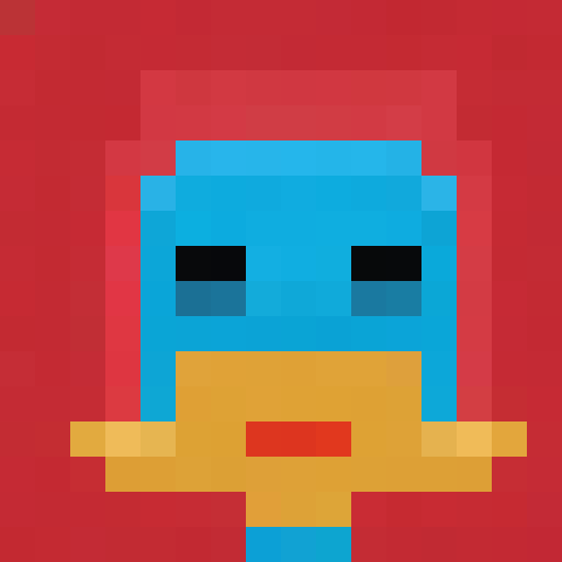  a pixelated character (a goos/duck) with a large square blue head, two black square eyes, and a straight yellow mouth. The character has a small body in proportion to its head, with a yellow rectangular torso and blue arms. It is placed centrally against a plain red background.