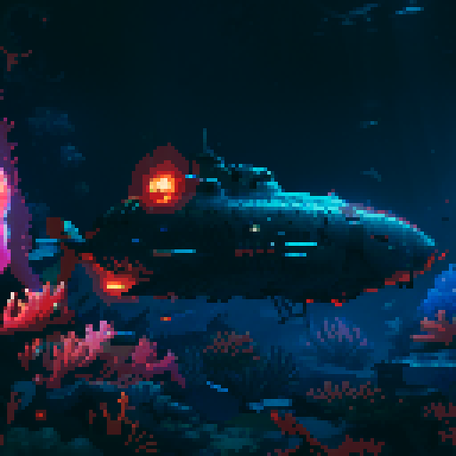 submarine, underwater, colorful, vibrant, retro, 8-bit, pixelated, deep sea, coral reefs, marine life, illuminated, glowing, exploration, portholes, periscope, propellers, mechanical, rivets, vintage, nostalgic