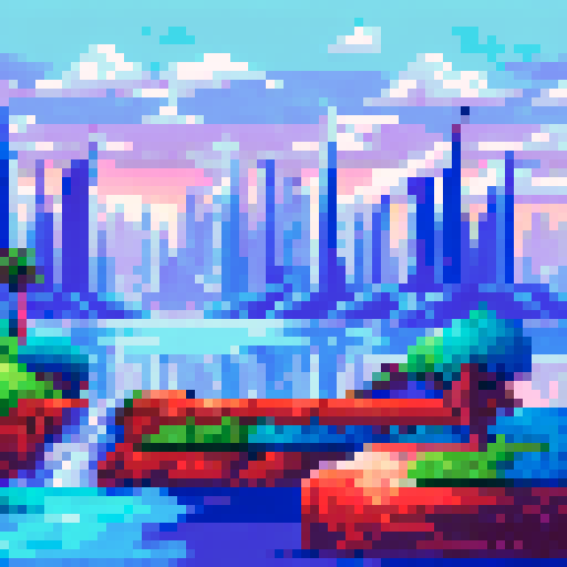 Towering skyscrapers, snow-capped mountains, a shimmering lake, and a palm tree oasis all come together in a pixel art landscape of Dubai in winter, set against a vibrant sRGB background