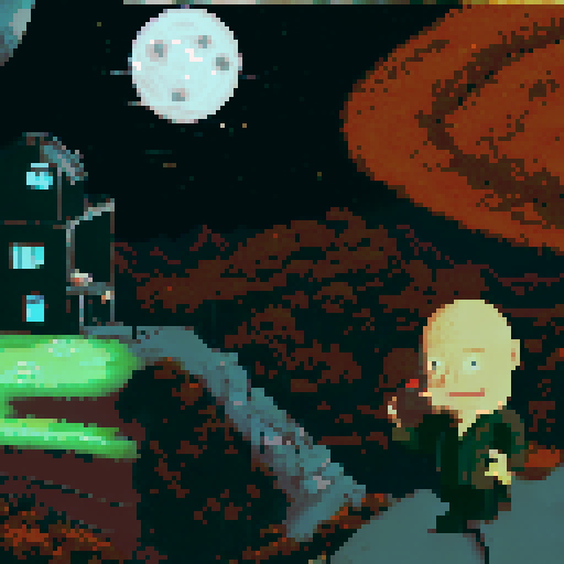 the main protagonist, gurney as seen in the bottom right is on a hill looking over a desolate area with sparse plant life up in flame. We see the back of his head, with his square jaw and a cigarette in his mouth. in the distance is a large laboratory, which has smoke coming out of it and a hole in the top. The sky is full of starts, a moon and a distant alien planet. Gurney must be present with his distinct head seen in the reference image, his green top dark brown pants