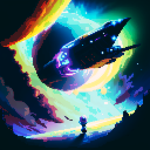 spaceship, sideview, vibrant galaxy, swirling nebulas, twinkling stars, pixel art, srgb