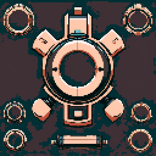 I want a horizontally wide circular copper attachment port. It should be viewed directly from the side. I want this object usable an asset in a videogame, meaning only one object per image, outlined with a strong black stroke, on a solid-color background. 