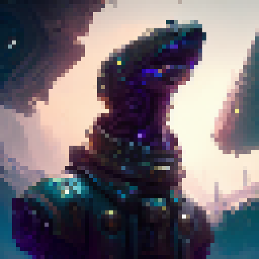 Techno robot, gleaming metallic body, surrounded by swirling neon lights, standing atop a desolate futuristic cityscape, with dragons and griffins flying overhead, all depicted in a fantasy RPG style with intricate concept art details.