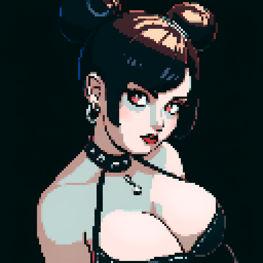 curvy, seductive busty goth babe with studded collar, hair in buns, aroused nude big titty goth in a close-up nude glamour shot, wearing halter top, against a modern tile backsplash, pixel art, sRGB