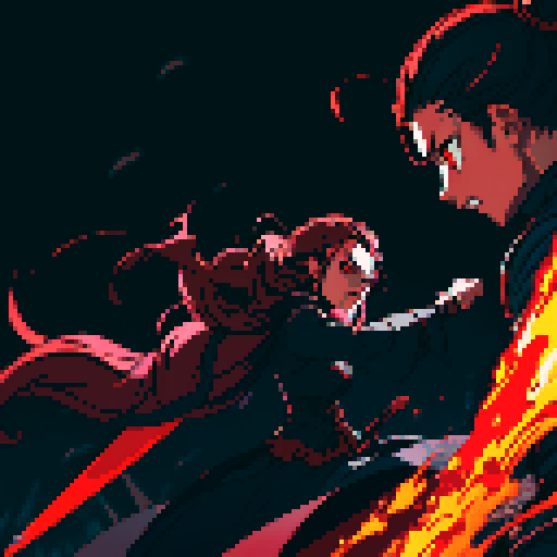 evil sword attack, dark shadows, glowing red eyes, sharp metallic blade, swirling energy, intense battle, jagged lines, dramatic lighting, pixelated explosion, retro color palette, dynamic movement