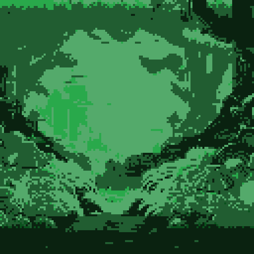 Dark, eerie cave entrance with glowing, mushrooms lining the walls, casting an otherworldly light onto the rugged, moss-covered ground, creating a mysterious and enchanting pixel art background