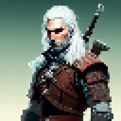 Geralt of Rivia from the Witcher 3 full body,portrait in the style of a 2d pokemon game pixel art
