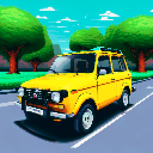 Photorealistic, centered Lada Niva in a three quarter view, right wheel in front, clean background, pixel art style with sRGB colors