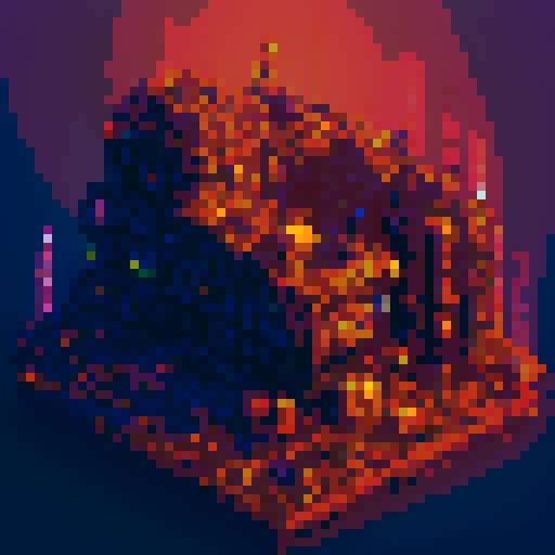 Isometric pixel art, towering mechanical monstrosities, decaying cities, flickering neon signs, bio-mechanical abominations, glowing cybernetic eyes, twisted tentacled nightmares, floating debris, ominous dark skies, toxic wastelands, rusted metal, eerie purple hues, glitching holographic billboards