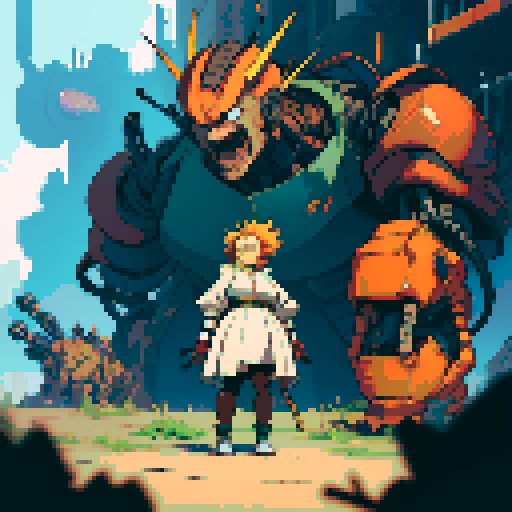 fat mad scientist, facing left, full-body image, exaggerated features, pixelated details, giant robot, mechanical limbs, robot workshop backdrop, sRGB color palette