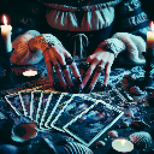 A close-up of a woman's hands over a table during a tarot card reading in a medieval dark style. The table is adorned with elements of the ocean such as sea shells, sand, and small pieces of coral. The atmosphere is mystical and dimly lit, with candlelight casting shadows that enhance the eerie and magical mood. The woman's hands are gracefully poised over the cards, which also have oceanic designs like waves and mermaids.