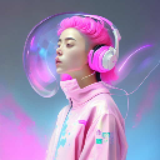 Anime girl with bubblegum pink hair and oversized headphones, dancing in a neon-lit room filled with floating holographic flowers and geometric shapes.