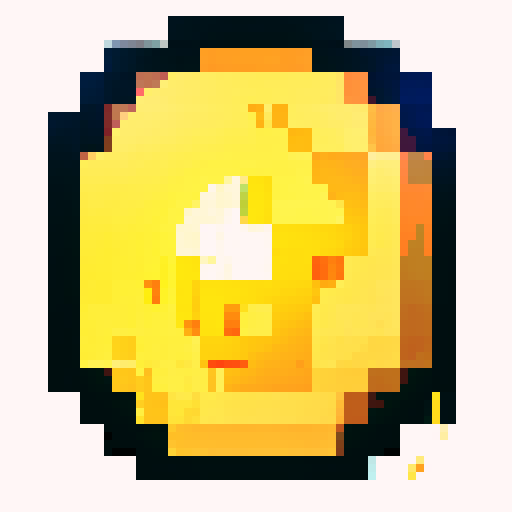 Imagine a digital, pixelated coin, shimmering with a bright golden hue. This coin has a classic round shape, resembling a traditional coin, but its surface is made up of tiny, square pixels, giving it a distinctly digital and retro video game look. The pixels catch light at various angles, making the coin glint and sparkle. On its surface, there is a simple, pixelated design – perhaps a symbol or a character – that is iconic and easy to recognize, yet rendered in a minimalist, blocky style typic