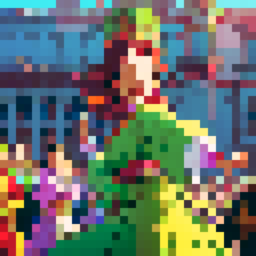 admiration culture, vibrant colors, intricate patterns, bustling crowds, traditional costumes, ornate architecture, blooming flowers, joyful celebrations, animated expressions, dynamic poses, pixelated details