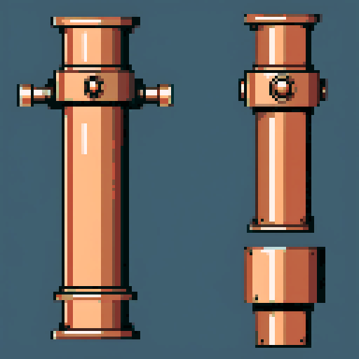 I want a tall vertical copper pipe that looks like a cannon barrel. I want this object usable an asset in a videogame, meaning only one object per image, outlined with a strong black stroke, on a solid-color background.