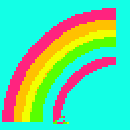 Pixel art of a cute, chubby cat with big round eyes, sitting on a vibrant green grass field surrounded by colorful flowers and a clear blue sky with fluffy white clouds