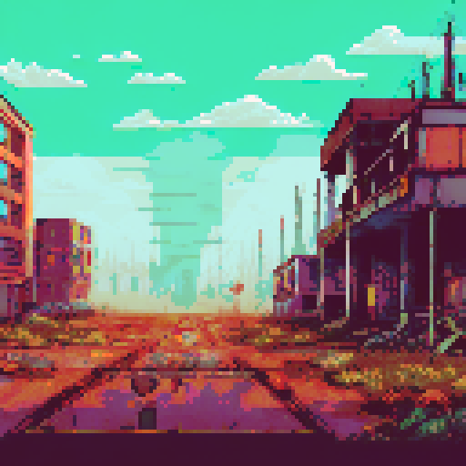 yellowish/ green toxicated air post-apocalyptic factory building, abandoned machinery, rusted pipes, overgrown vines, decaying buildings, shattered windows, eerie silence, nature reclaiming, vibrant pixelated colors, sRGB palette, atmospheric landscape

