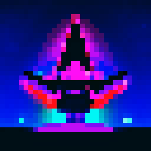 Space ship, retro-futuristic, vibrant colors, blocky pixels, glowing exhaust, metallic hull, starry backdrop, sci-fi vibes, angular design, 8-bit aesthetic, neon lights, low-resolution, space exploration, cosmic adventure