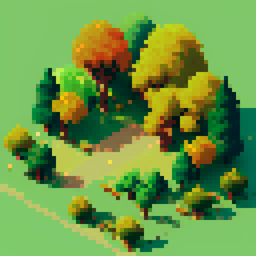 Well separated Evergreen and deciduous tree sprites intertwined in a luscious forest, with vibrant green leaves and warm autumn hues, all depicted in charming pixel art