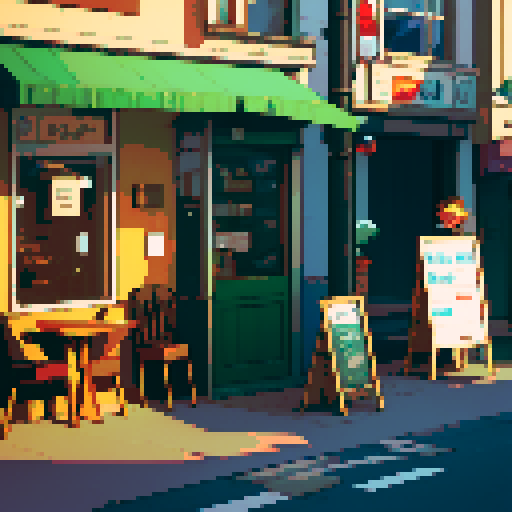 Cafe on a curved street with sign that says A11yCafe 